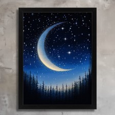 Listing image for Crescent Moon Night Sky Art Starry Forest Wall Print Midnight Landscape Poster