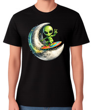 Listing image for Alien Surfing Moon T-Shirt Funny Space UFO Cosmic Graphic Unisex Tee