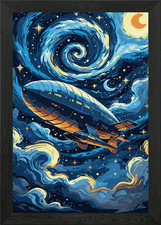 Listing image for Airship in Starry Night Sky Framed Wall Art Poster Canvas Print Picture